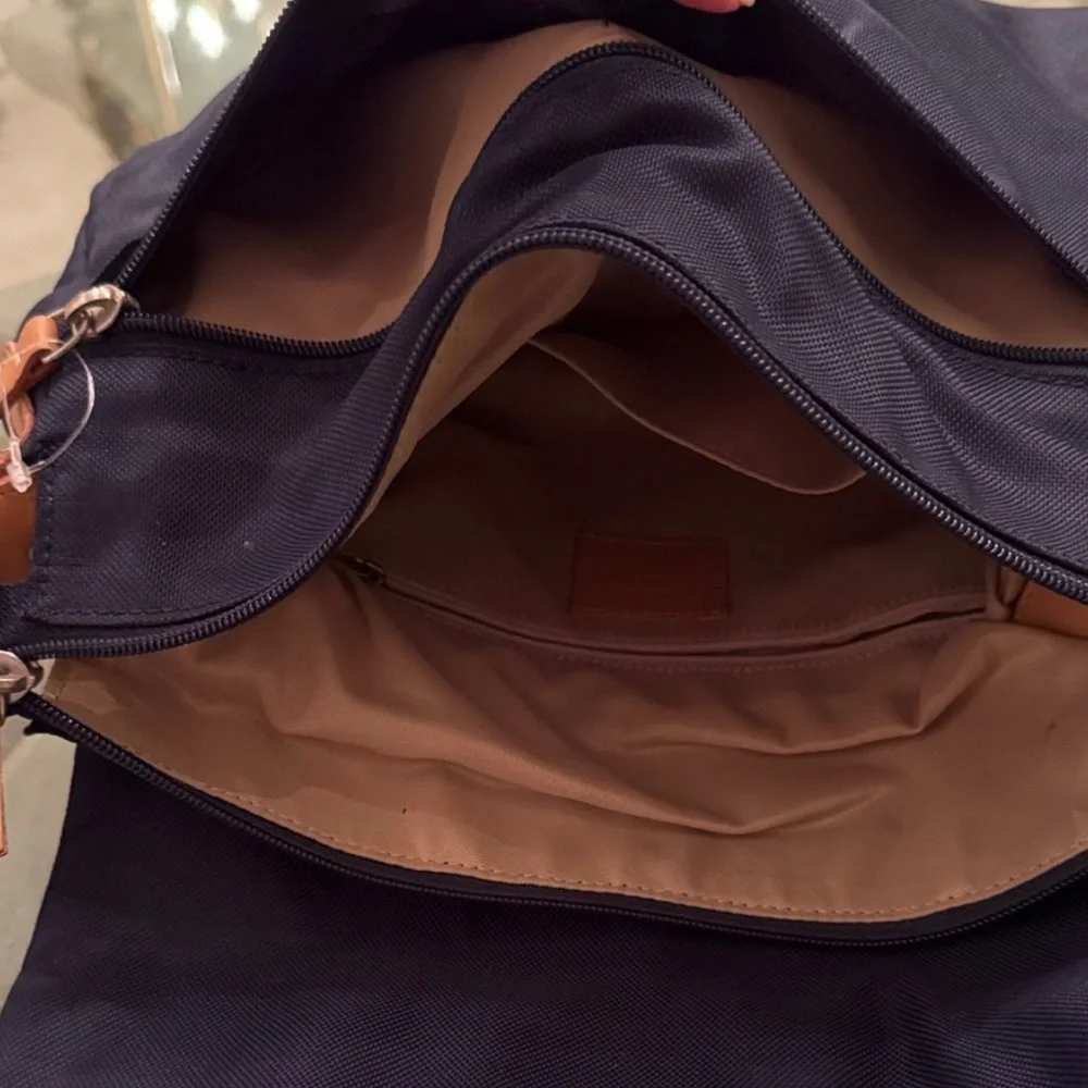 Navy Blue Messenger Bag with Tan Strap